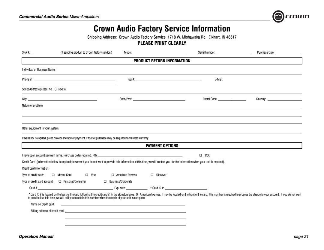 Crown Audio 140MPA operation manual Please Print Clearly, Payment Options, Crown Audio Factory Service Information, page 