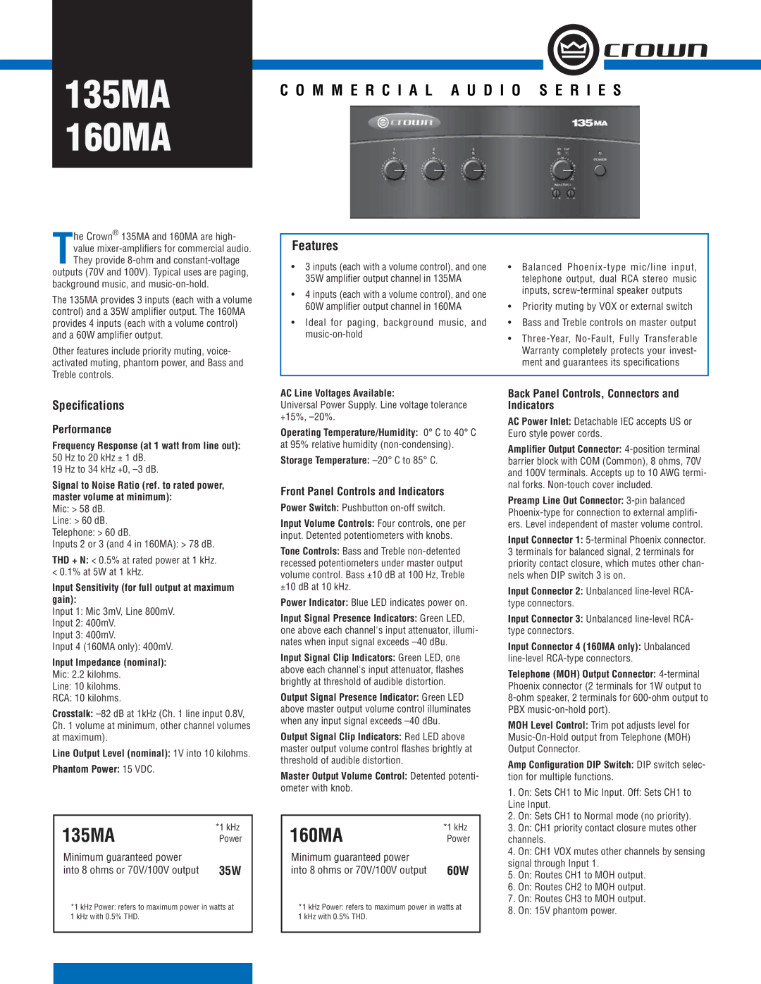 Crown Audio 135MA, 160MA specifications Performance, Front Panel Controls and Indicators 