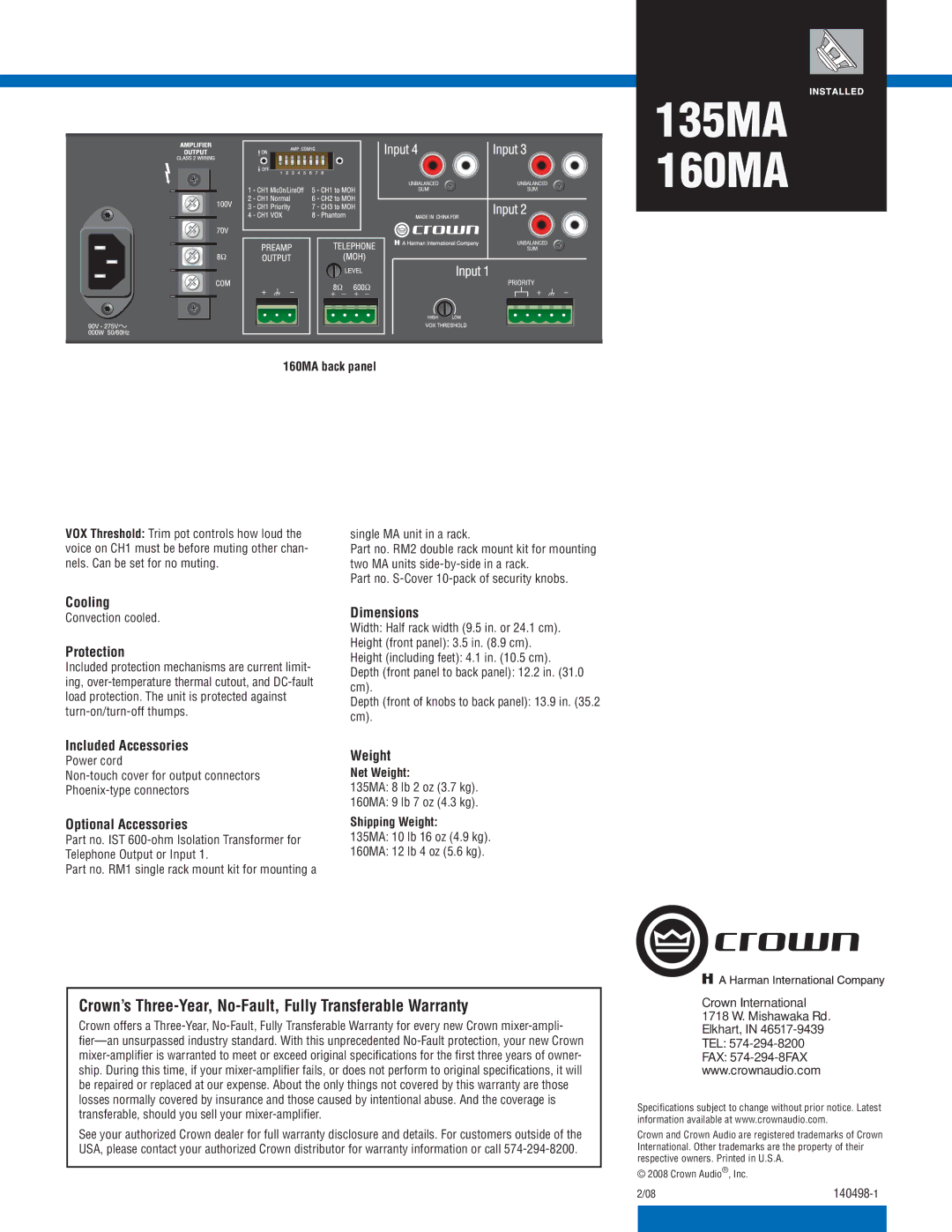 Crown Audio 160MA, 135MA specifications Cooling, Protection, Included Accessories, Optional Accessories, Dimensions, Weight 