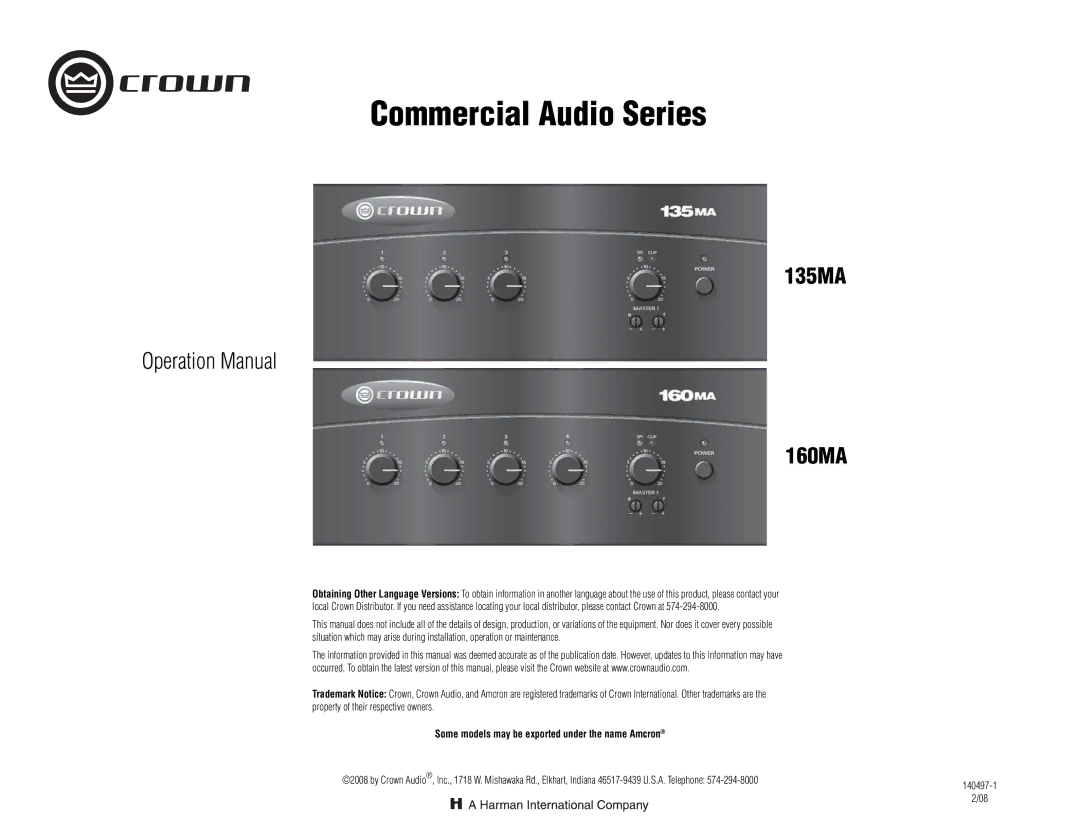 Crown Audio 160MA operation manual Commercial Audio Series, Some models may be exported under the name Amcron 