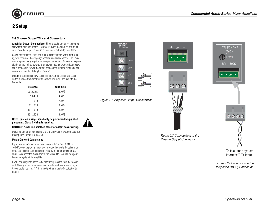 Crown Audio 160MA operation manual Choose Output Wire and Connectors, Distance, Music-On-Hold Connections 