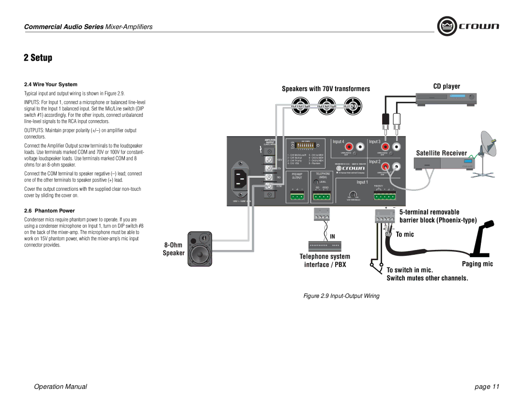 Crown Audio 160MA operation manual Wire Your System, Typical input and output wiring is shown in Figure, Phantom Power 