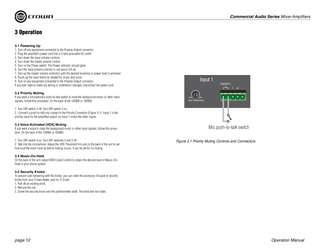 Crown Audio 160MA operation manual Operation 