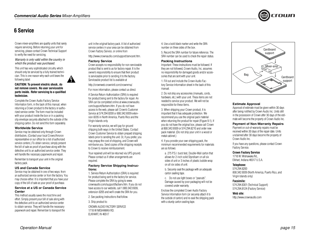 Crown Audio 160MA operation manual Service 