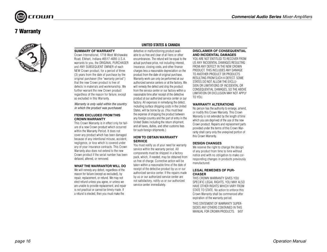 Crown Audio 160MA operation manual Warranty, United States & Canada 