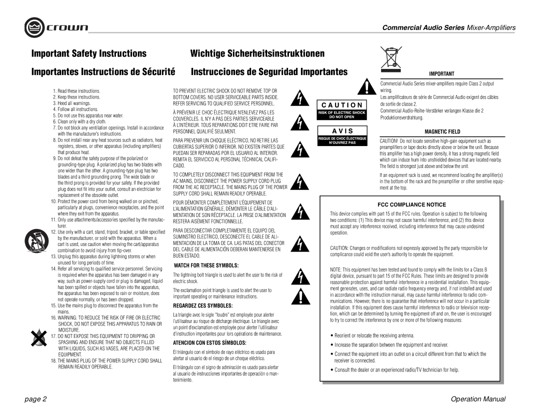 Crown Audio 160MA operation manual Important Safety Instructions, Wichtige Sicherheitsinstruktionen 