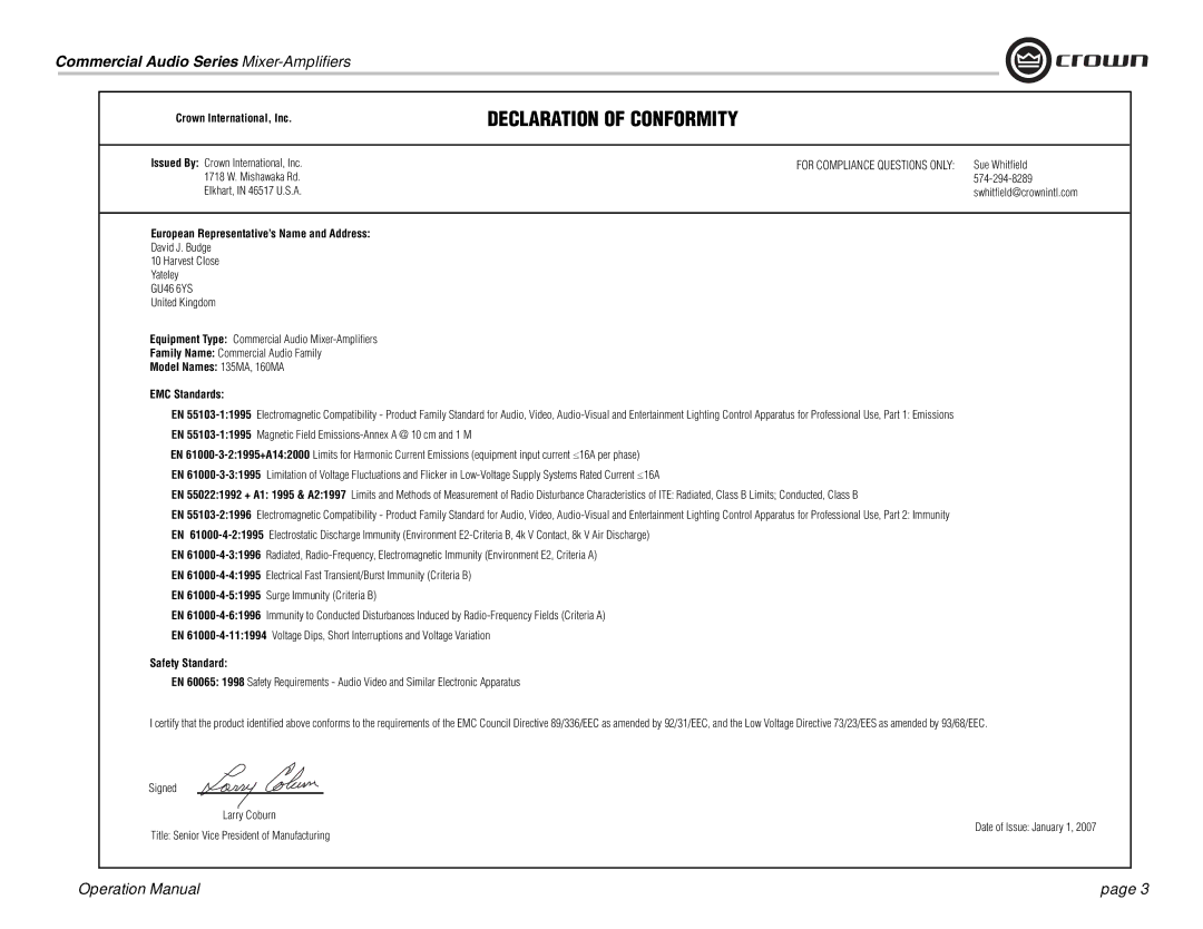 Crown Audio 160MA operation manual Crown International, Inc, European Representative’s Name and Address, Safety Standard 