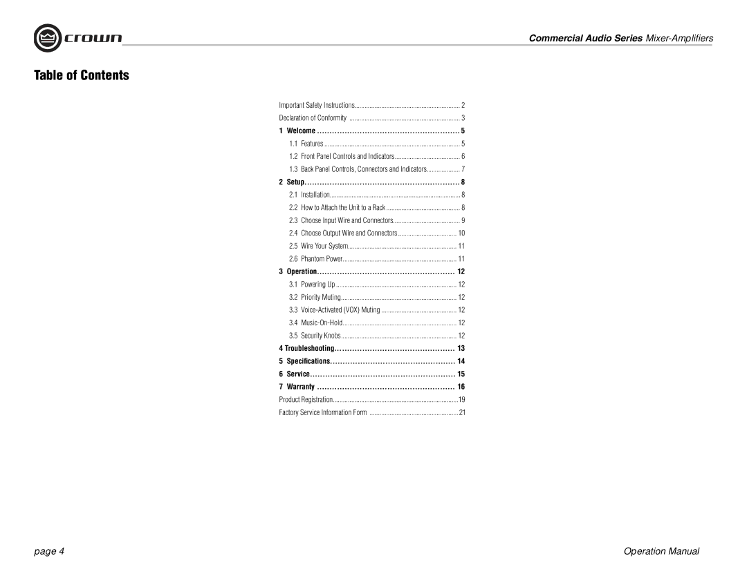 Crown Audio 160MA operation manual Table of Contents 