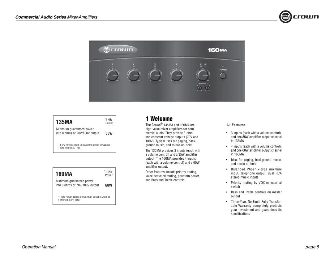 Crown Audio 160MA operation manual Welcome, Features 