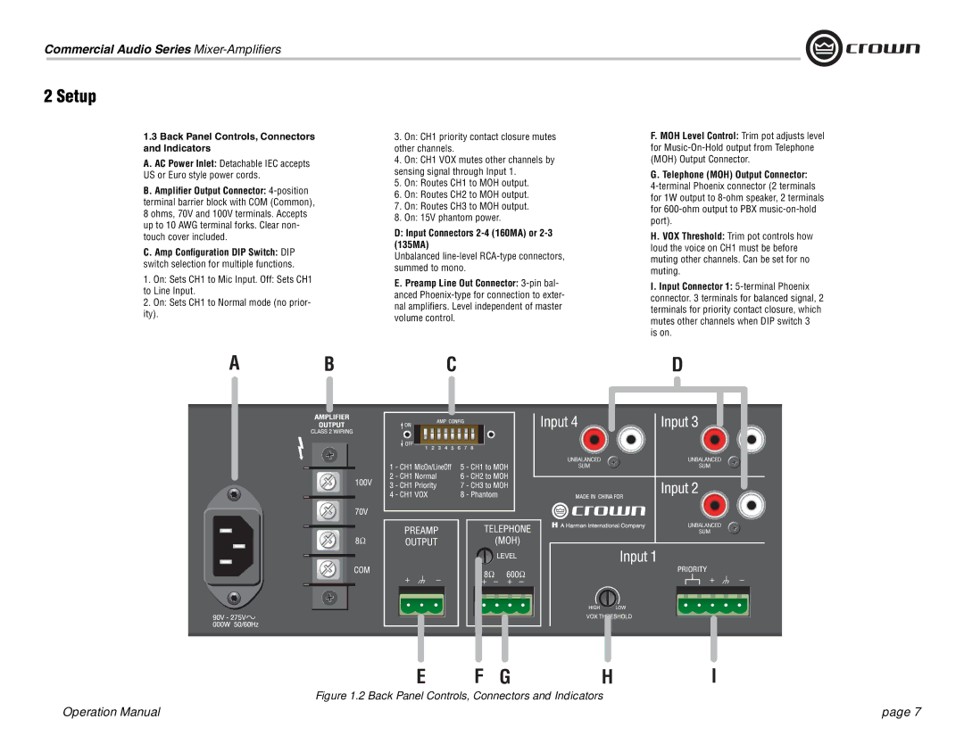 Crown Audio operation manual Back Panel Controls, Connectors and Indicators, Input Connectors 2-4 160MA or 2-3 135MA 