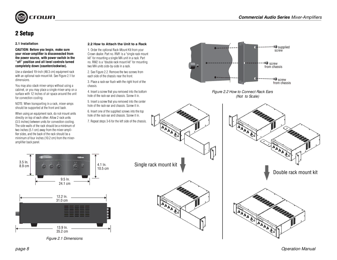 Crown Audio 160MA How to Attach the Unit to a Rack, Place a rack ear ﬂush with the right front of the chassis 