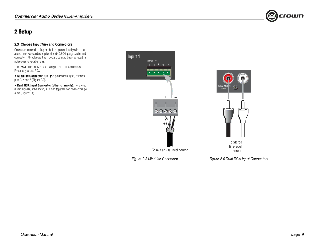 Crown Audio 160MA operation manual Noise over long cable runs, Choose Input Wire and Connectors 