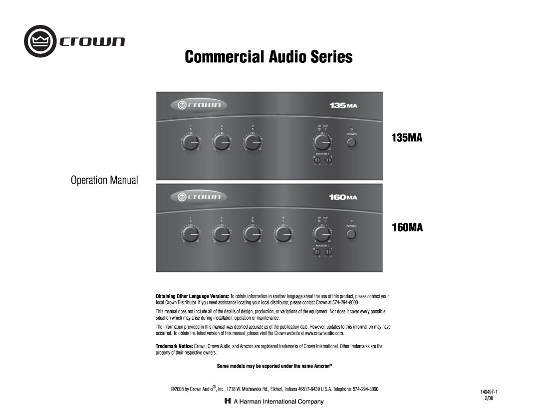 Crown Audio 160MA operation manual Commercial Audio Series, 135MA, Some models may be exported under the name Amcron 
