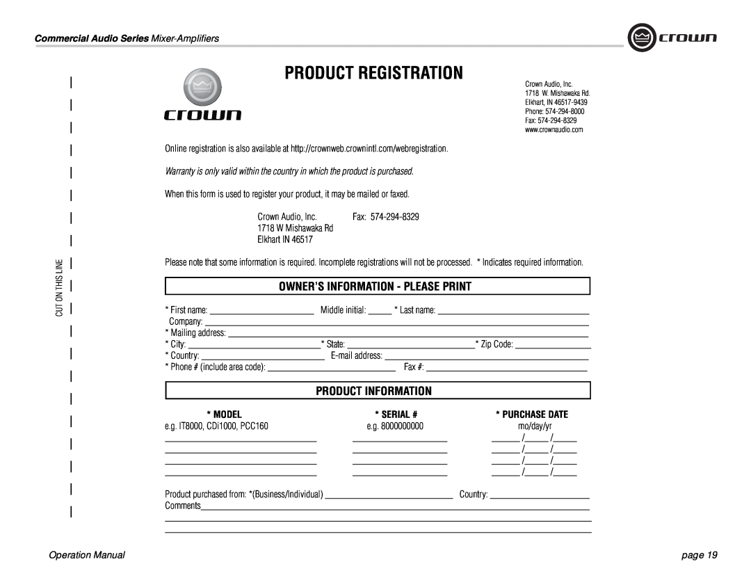 Crown Audio 160MA Owner’S Information - Please Print, Product Information, Model, Serial #, Product Registration, page 