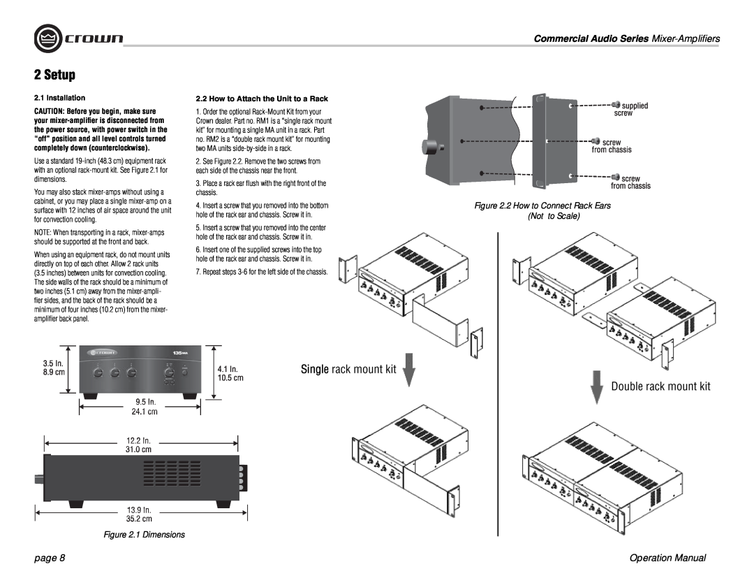 Crown Audio 160MA Single rack mount kit, Double rack mount kit, Setup, Commercial Audio Series Mixer-Ampliﬁers, page 