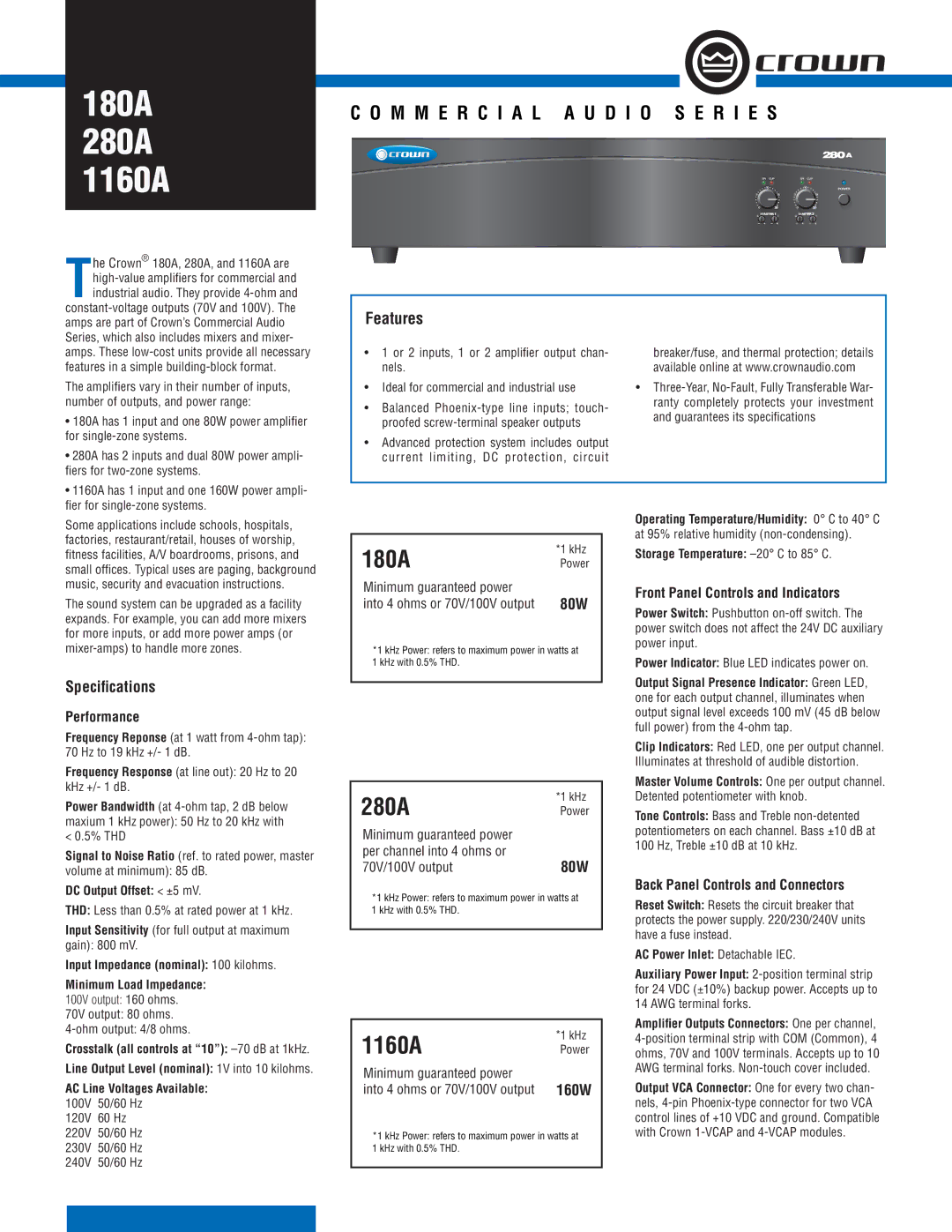 Crown Audio 280A specifications 180A, 1160APower, Features 