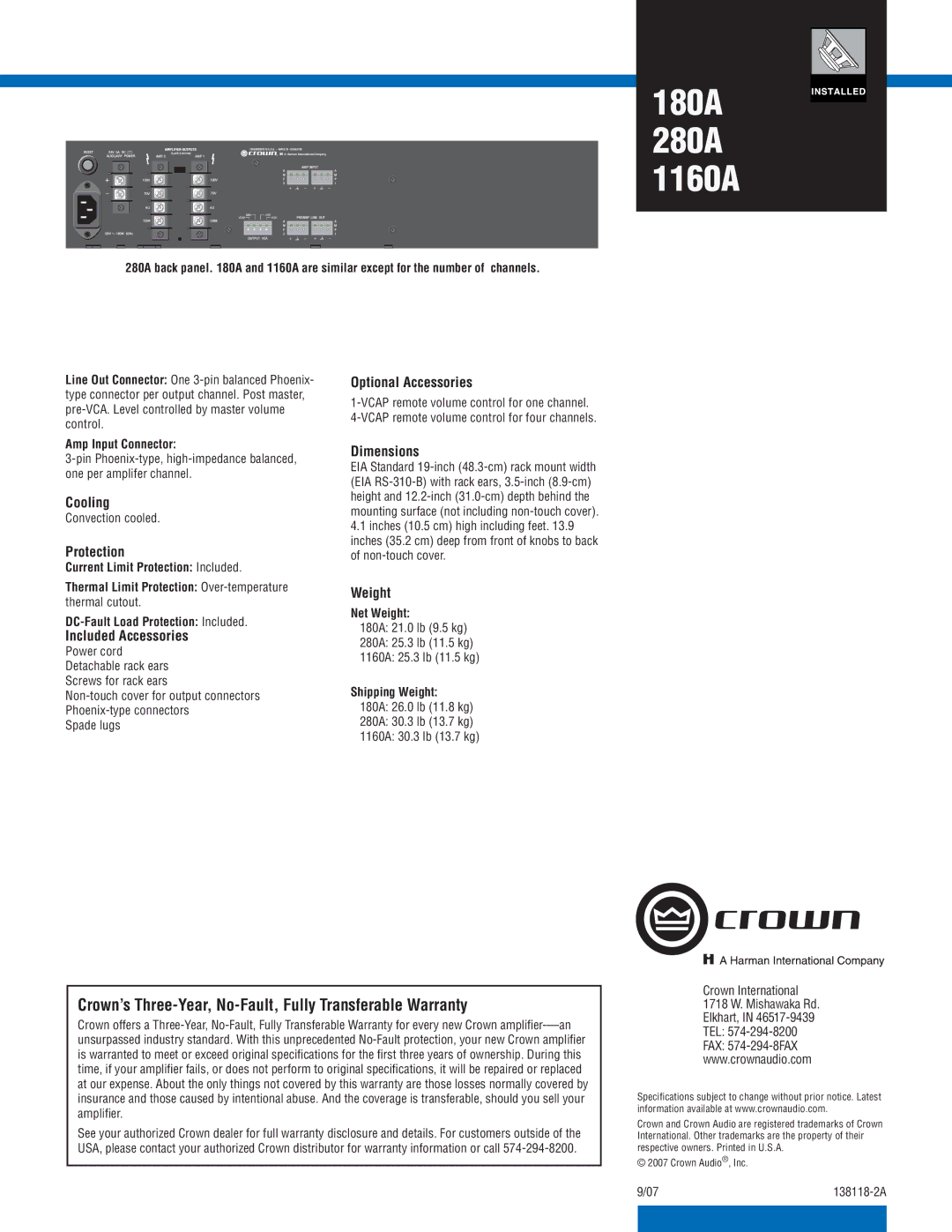 Crown Audio 1160A, 180A, 280A specifications Crown’s Three-Year, No-Fault, Fully Transferable Warranty 