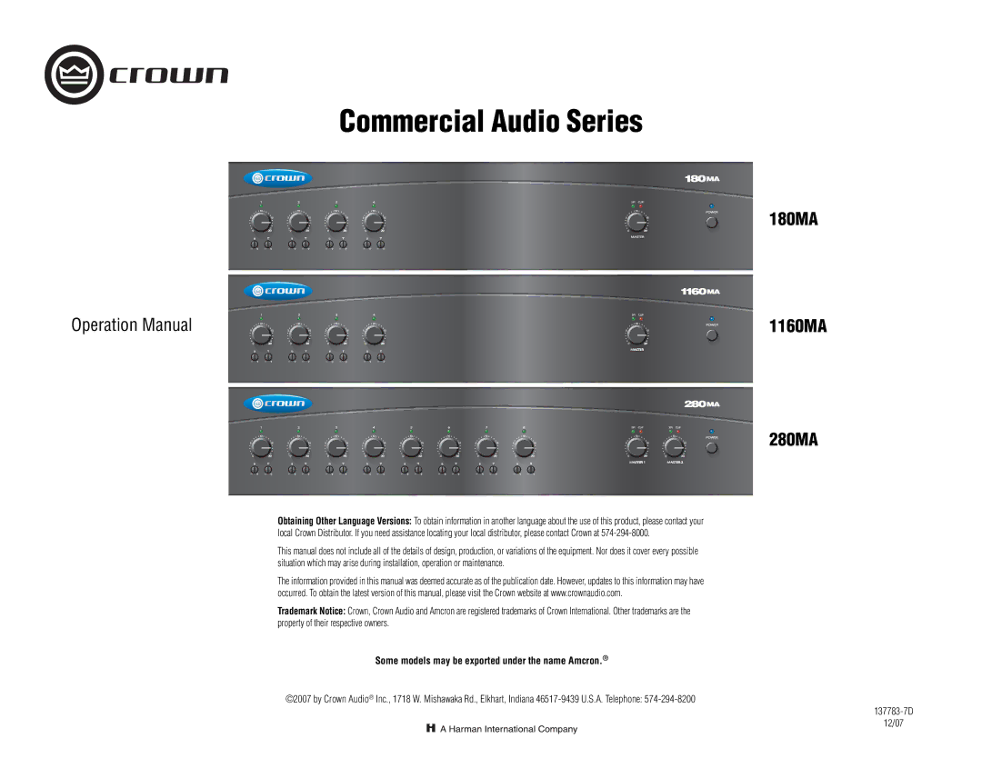 Crown Audio 1160MA, 180MA 280MA operation manual Some models may be exported under the name Amcron 