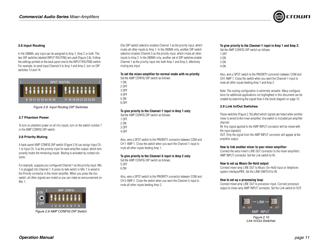 Crown Audio 1160MA Input Routing, Phantom Power, Priority Muting, To give priority to the Channel-5 input in Amp 2 only 