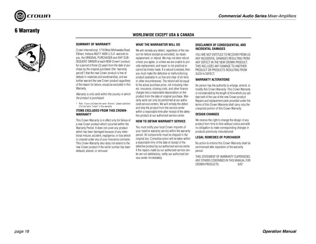 Crown Audio 180MA 280MA, 1160MA operation manual Worldwide Except USA & Canada, Items Excluded from this CROWN- Warranty 