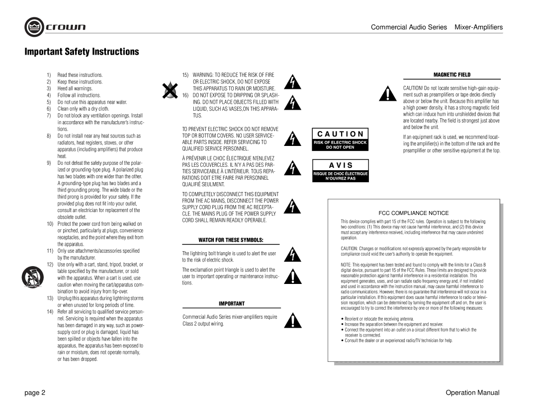 Crown Audio 180MA 280MA, 1160MA Important Safety Instructions, Use only with a cart, stand, tripod, bracket, or 