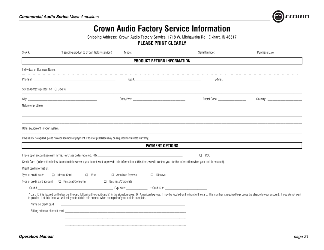 Crown Audio 1160MA, 180MA 280MA operation manual Payment Options, Model, Individual or Business Name Phone # Fax # 