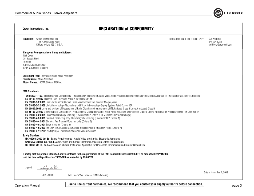 Crown Audio 1160MA Declaration of Conformity, Crown International, Inc, European Representative’s Name and Address 