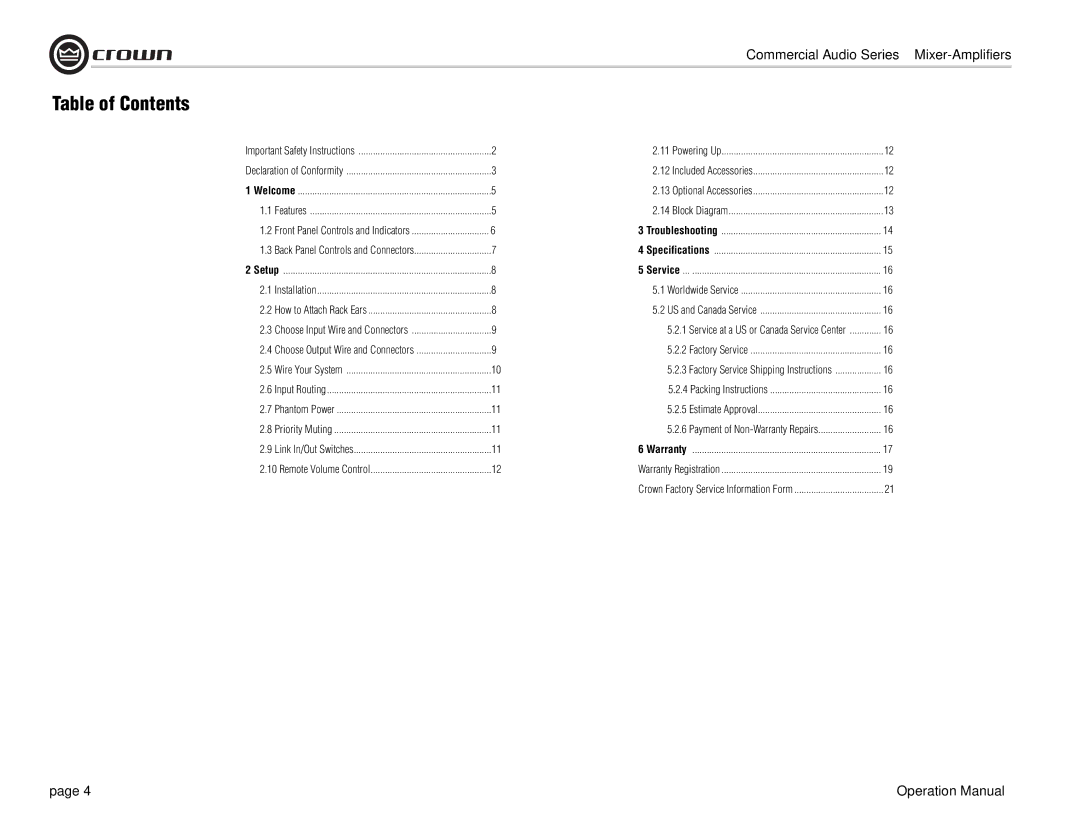 Crown Audio 180MA 280MA, 1160MA operation manual Table of Contents 