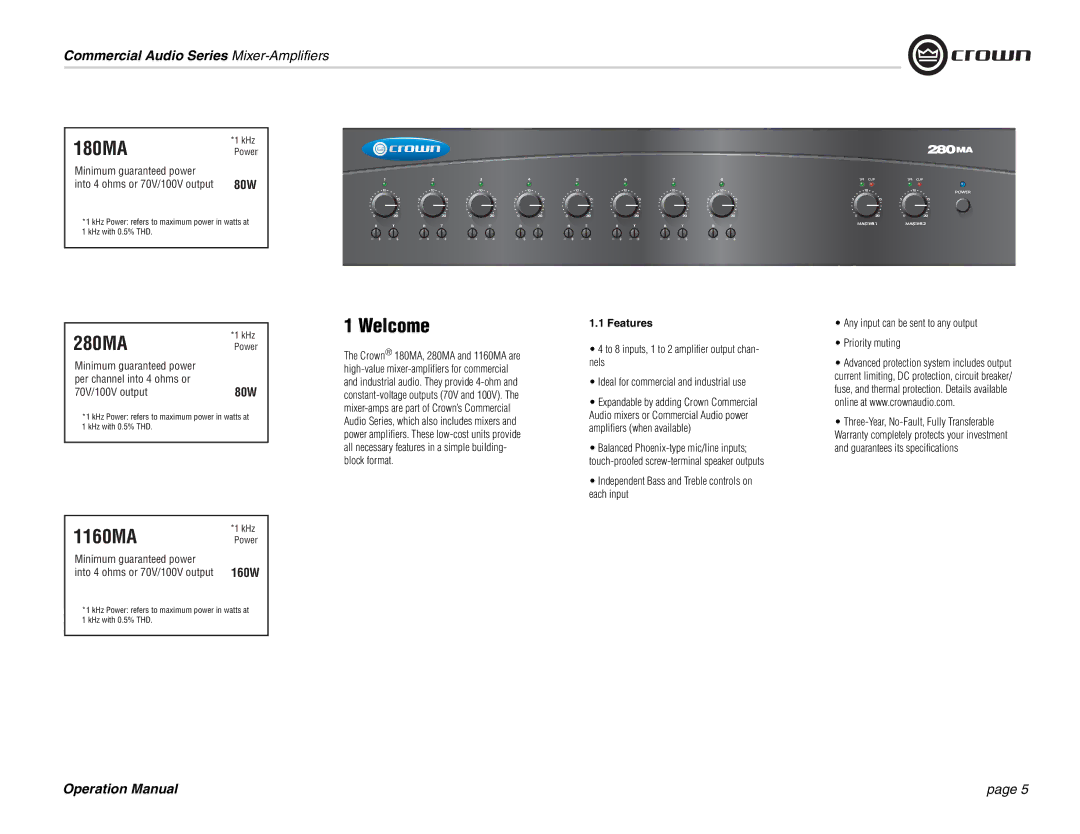 Crown Audio 1160MA, 180MA 280MA operation manual Welcome, Features 