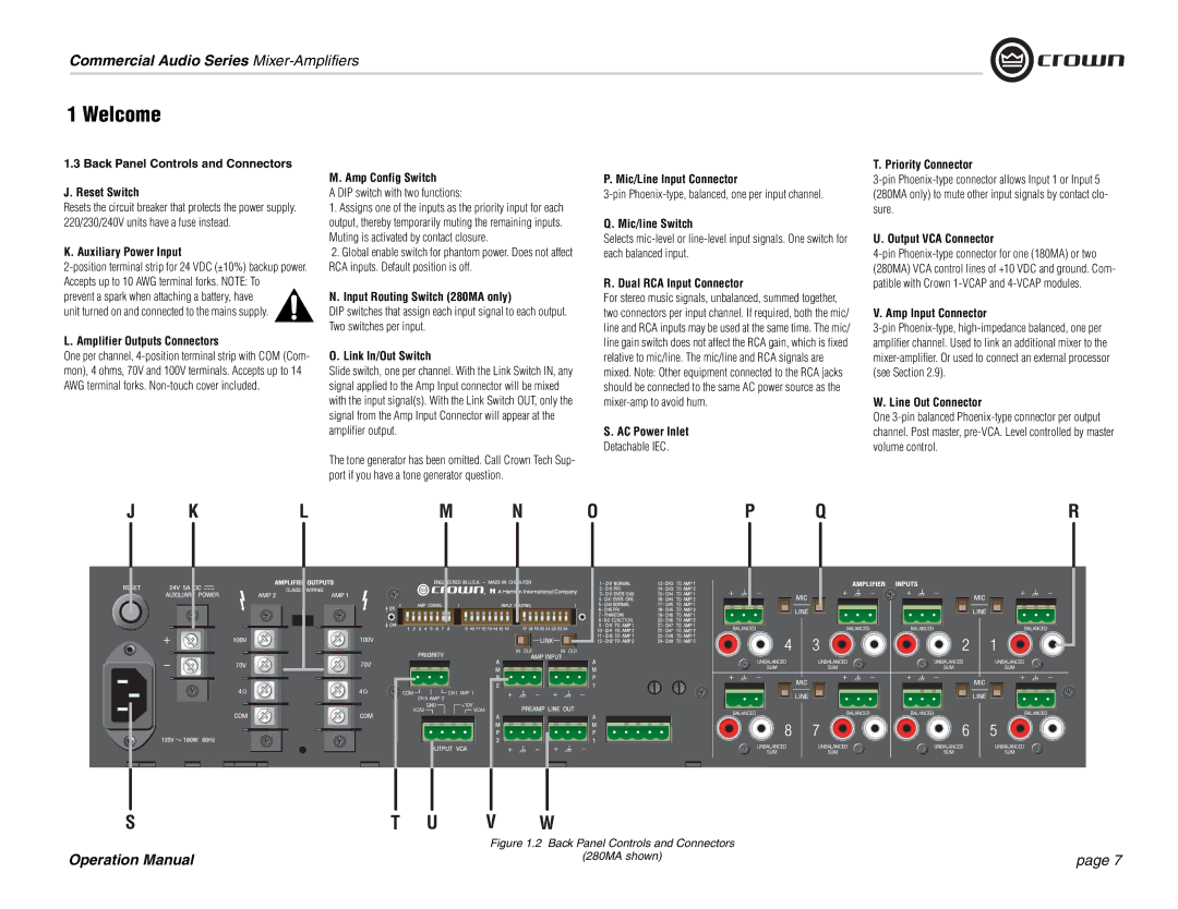 Crown Audio 1160MA Back Panel Controls and Connectors Reset Switch, Auxiliary Power Input, Amplifier Outputs Connectors 