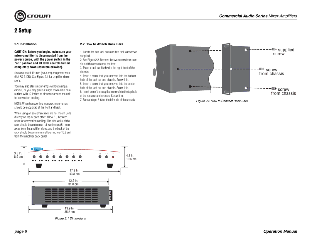 Crown Audio 180MA 280MA, 1160MA operation manual Setup, Installation, How to Attach Rack Ears 