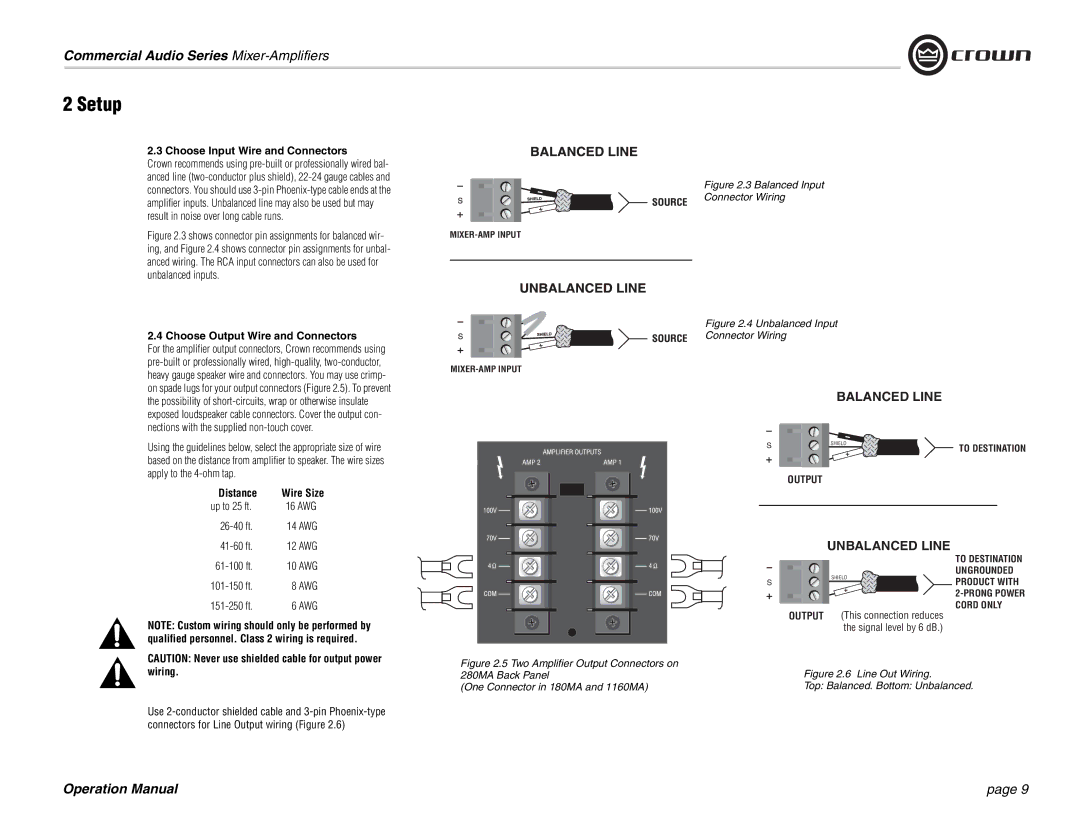 Crown Audio 1160MA, 180MA 280MA operation manual Choose Input Wire and Connectors, Choose Output Wire and Connectors 