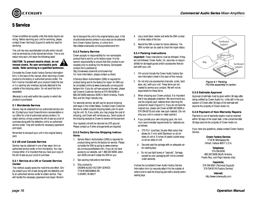Crown Audio 180MA 280MA Commercial Audio Series Mixer-Amplifiers, page, Worldwide Service, US and Canada Service 