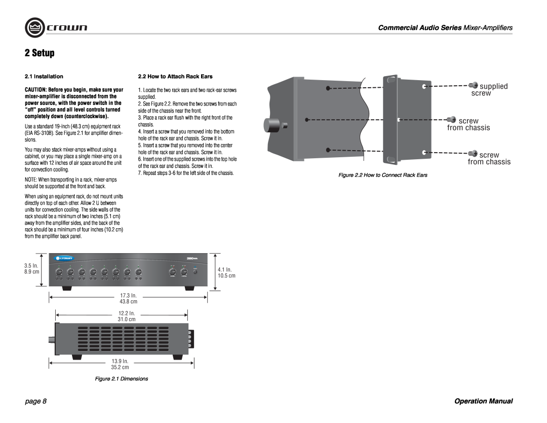 Crown Audio 180MA 280MA Setup, Commercial Audio Series Mixer-Amplifiers, page, Installation, How to Attach Rack Ears 