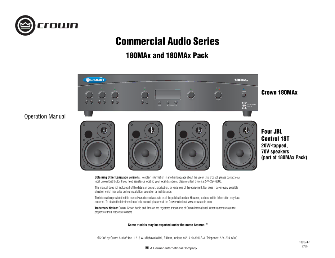 Crown Audio operation manual Crown 180MAx Four JBL Control 1ST, Some models may be exported under the name Amcron 