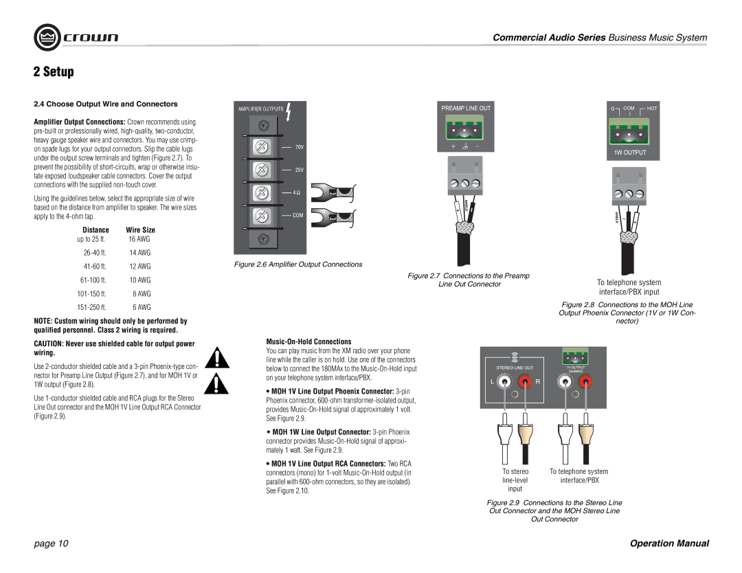 Crown Audio 180MAx operation manual Choose Output Wire and Connectors, 26-40 ft, 41-60 ft, Music-On-Hold Connections 