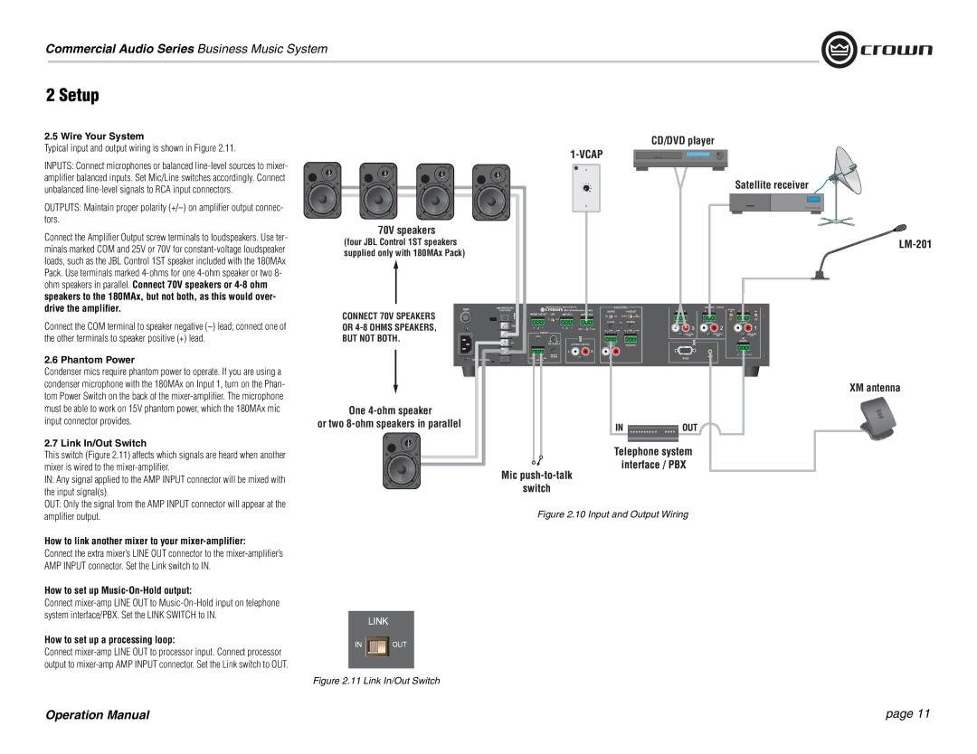 Crown Audio 180MAx Wire Your System, Phantom Power, Link In/Out Switch, How to link another mixer to your mixer-amplifier 