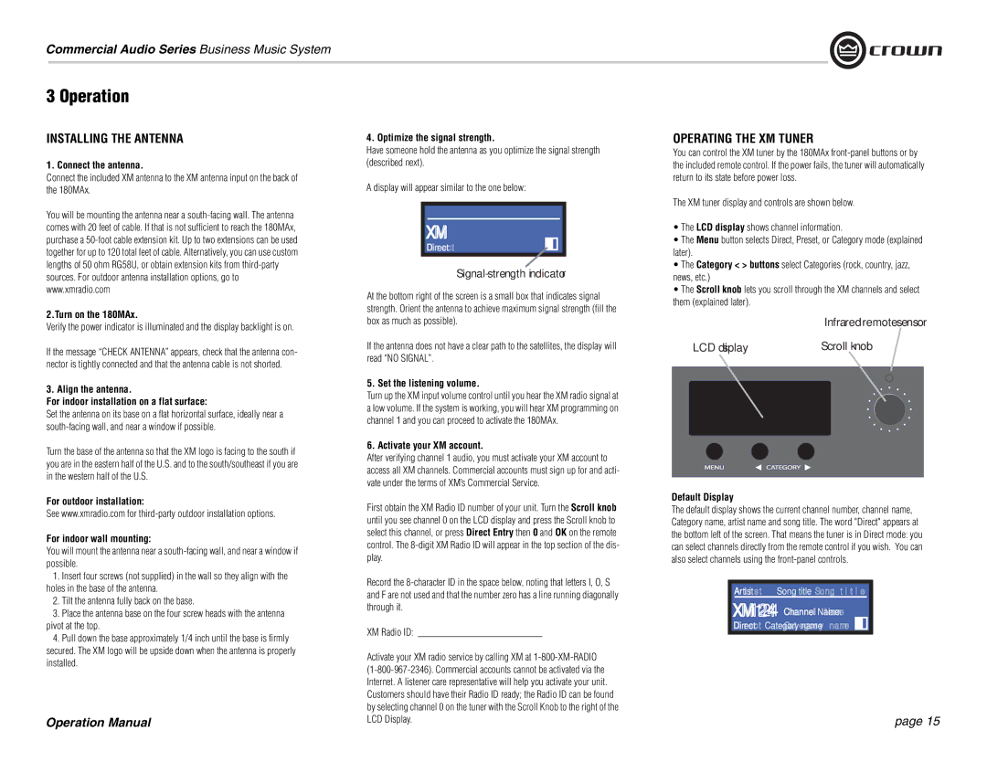 Crown Audio 180MAx operation manual Installing the Antenna, Operating the XM Tuner 