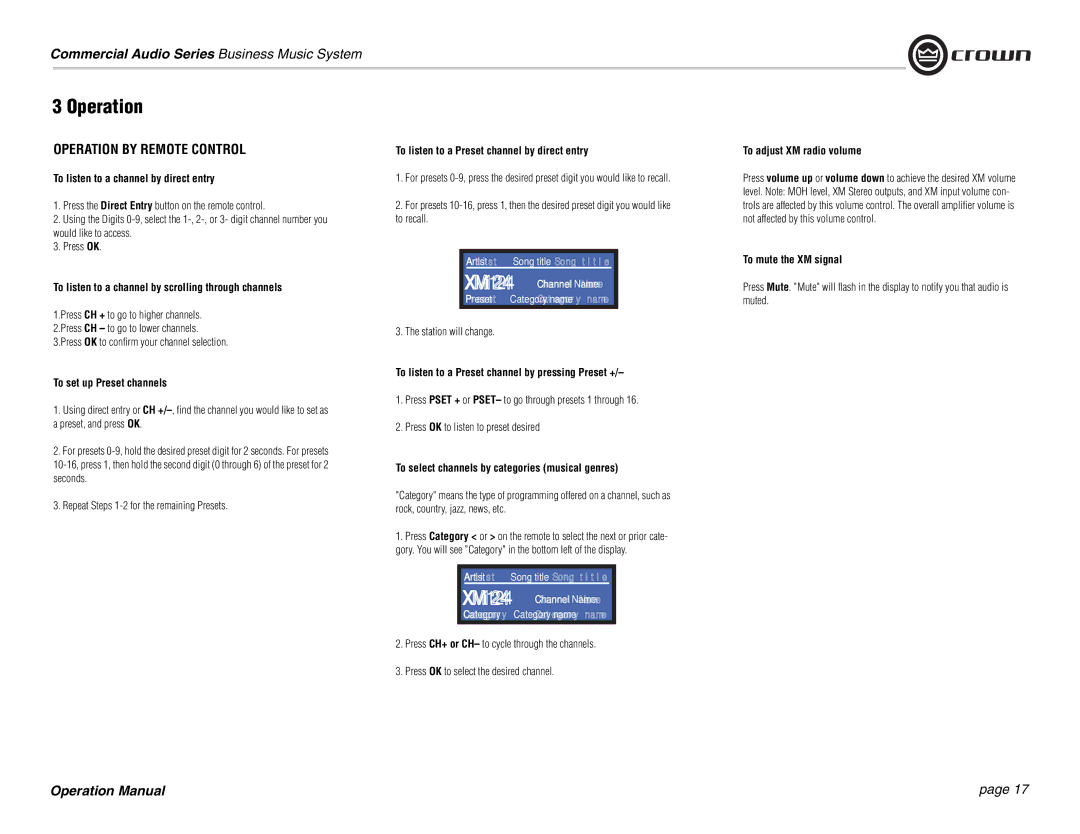 Crown Audio 180MAx operation manual Operation by Remote Control 