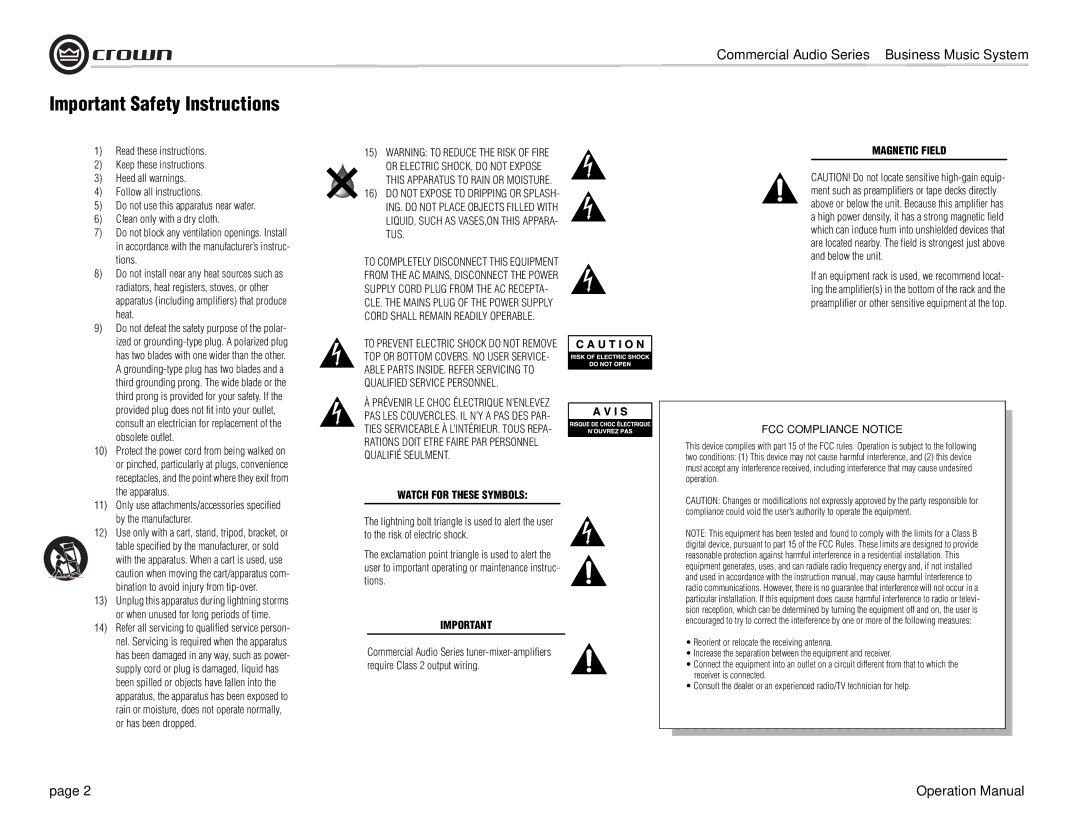 Crown Audio 180MAx operation manual Important Safety Instructions, Use only with a cart, stand, tripod, bracket, or 