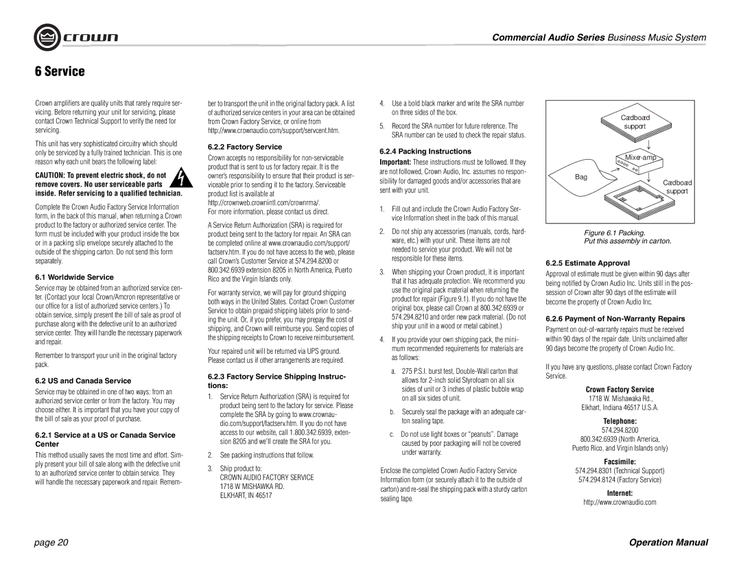 Crown Audio 180MAx operation manual Service 