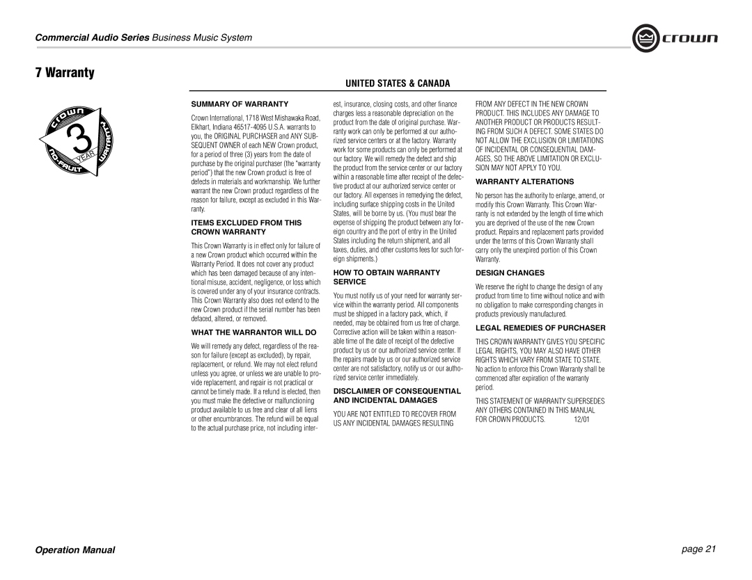 Crown Audio 180MAx operation manual Warranty, United States & Canada, 12/01 