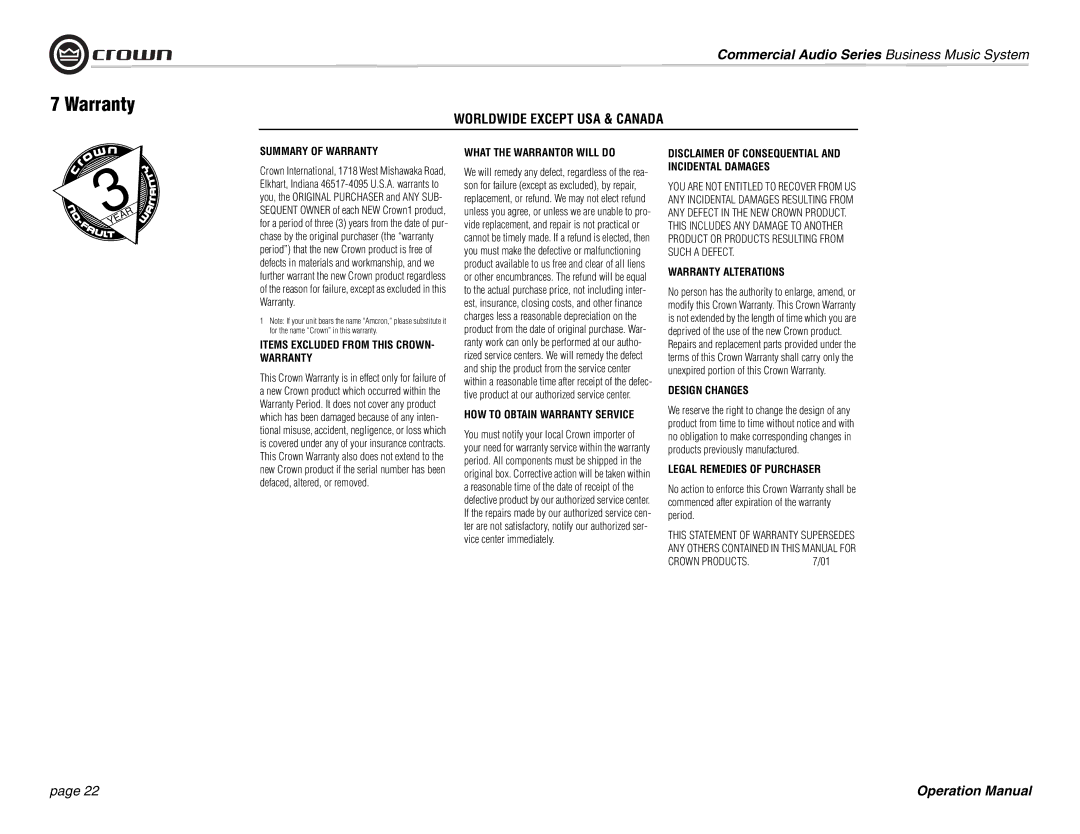 Crown Audio 180MAx operation manual Worldwide Except USA & Canada, Items Excluded from this CROWN- Warranty 