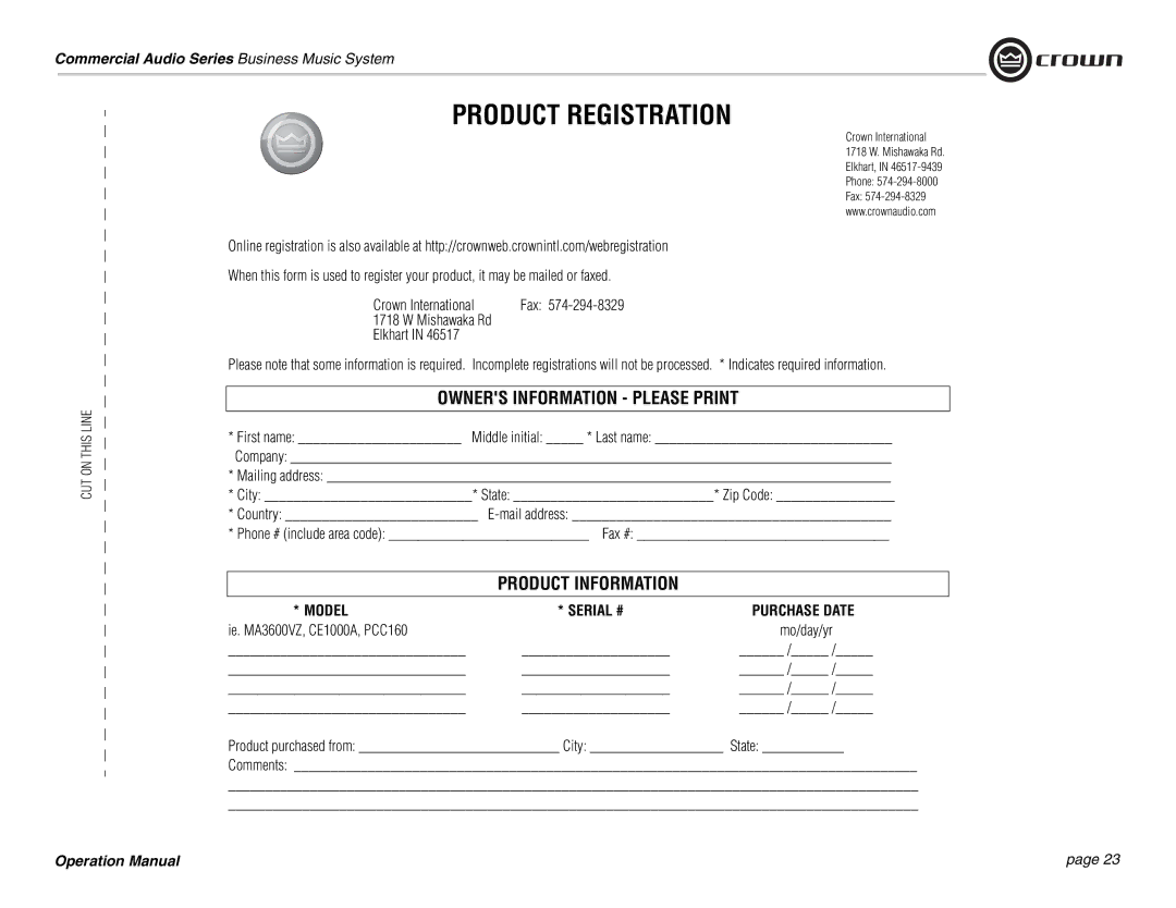 Crown Audio 180MAx operation manual Model Serial # Purchase Date, Fax, Mo/day/yr 