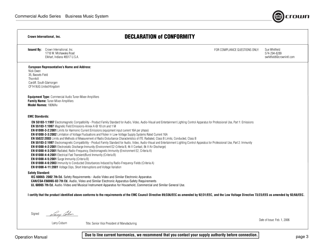 Crown Audio 180MAx Declaration of Conformity, Crown International, Inc, European Representative’s Name and Address 