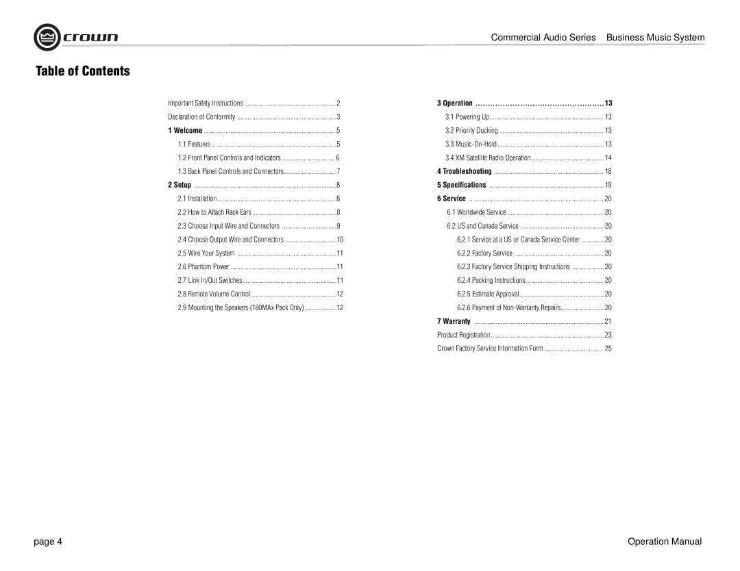 Crown Audio 180MAx operation manual Table of Contents 