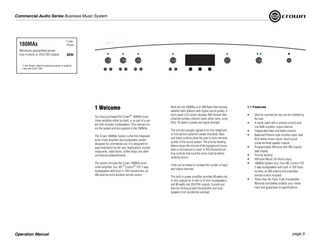 Crown Audio 180MAx operation manual Welcome, Features, Ideal for commercial use can be installed by the user 