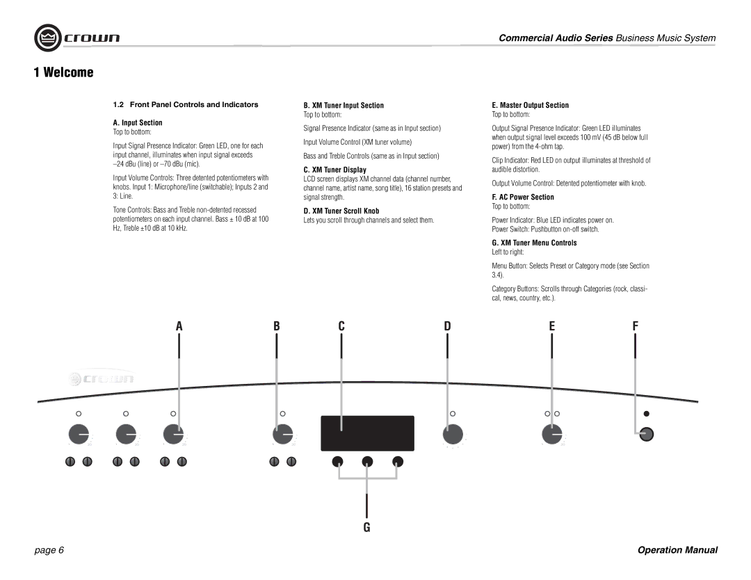 Crown Audio 180MAx Front Panel Controls and Indicators Input Section, XM Tuner Input Section, XM Tuner Display 