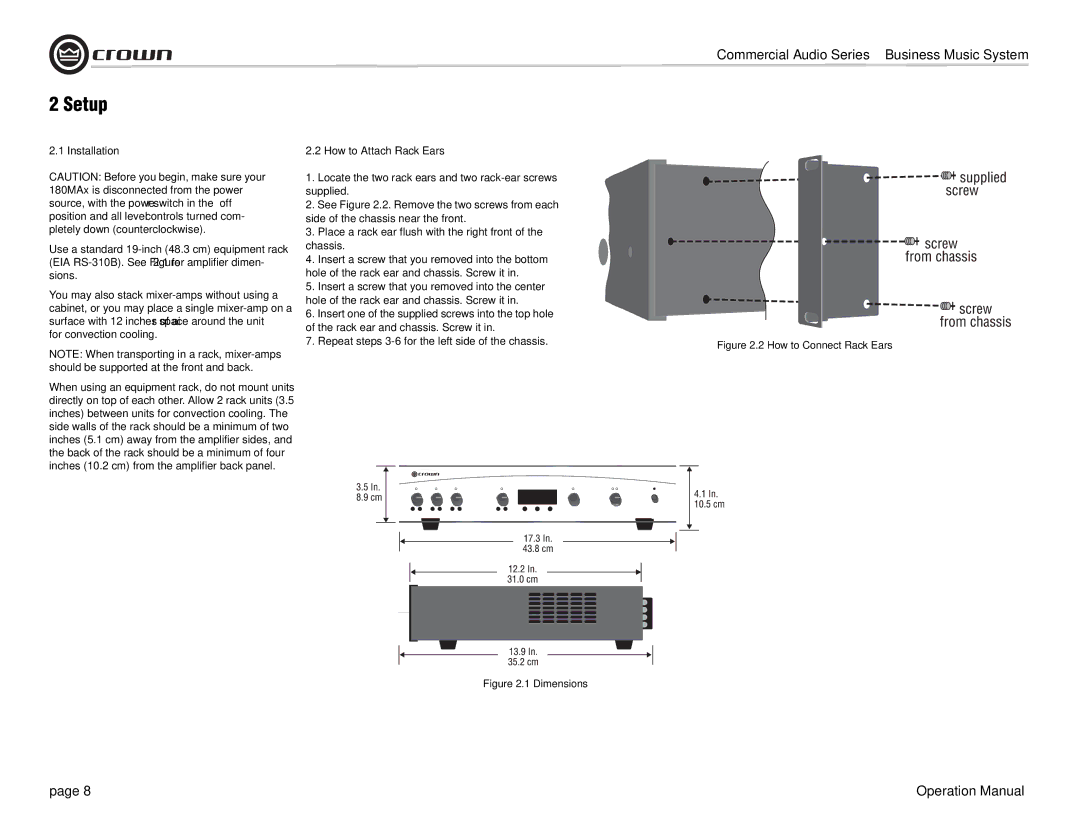 Crown Audio 180MAx operation manual Setup, Installation, How to Attach Rack Ears 