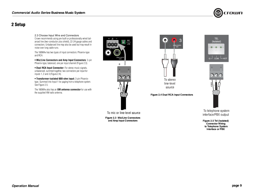 Crown Audio 180MAx operation manual Choose Input Wire and Connectors, Mic/Line Connectors Amp Input Connectors 